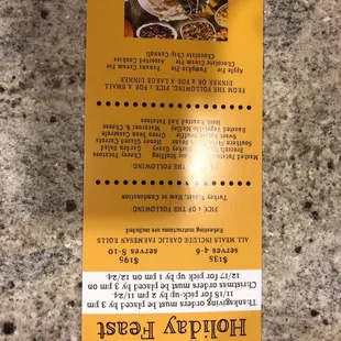 Holiday Feast menu and prices