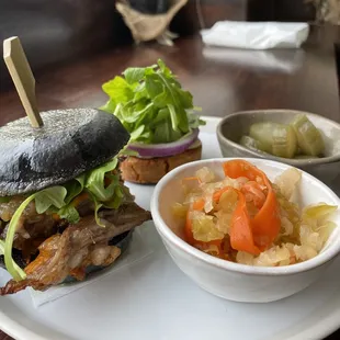 Sliders combo! Pull lamb slider, and a lentil burger (I asked for without the bun on that one), and pickles