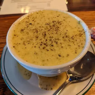 a bowl of soup on a plate