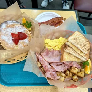 Booey&apos;s Platter and 3 Buttermilk Pancakes