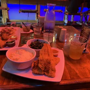 Fried Catfish with Seafood Mac and Smoked Turkey Collard Greens