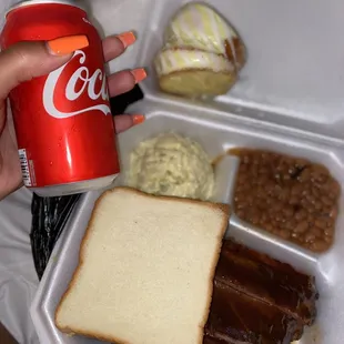 Rib Dinner Pop bean/potato salad and some lemon cake