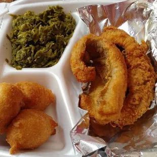 Fried fish and collards!!! Delicious!  I had  fries also.