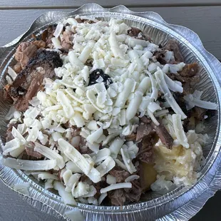 Brisket Mac and Cheese bowl with Cornbread and cheddar cheese