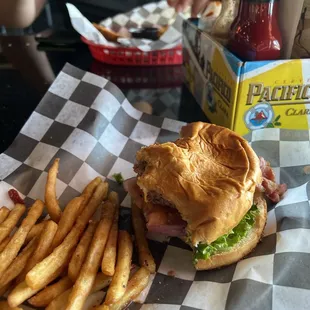 Hamburger, fries and chicken strips and fries.
