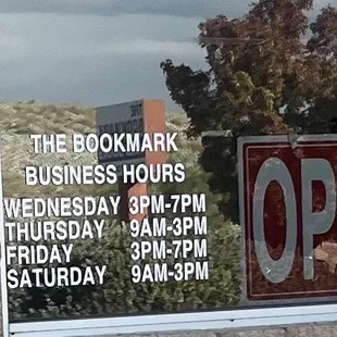 The Bookmark business hours.