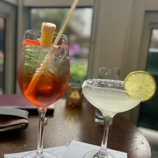 two glasses of drinks on a table