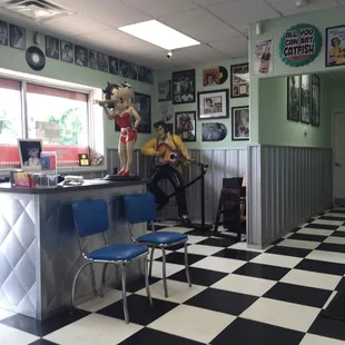 ows a black and white checkered floor