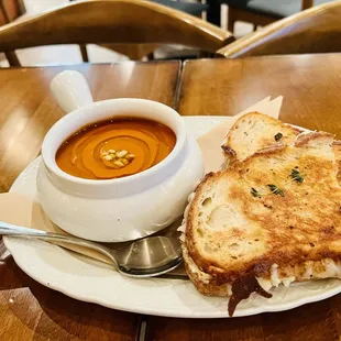 Tomato bisque and grilled cheese sandwich