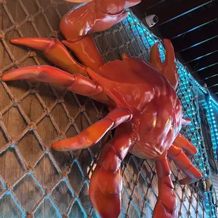 a red crab on a chain link fence