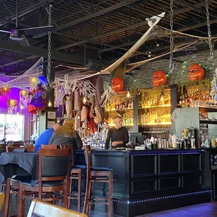 Bar area decorated for Halloween