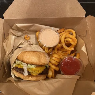 Boom box burger and curly fries, so good!