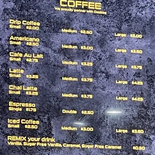 Coffee menu