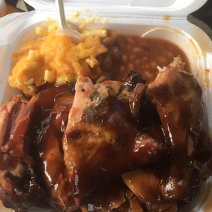 My Chicken with Soul Food Macaroni and Cheese and Smoked Baked Beans.