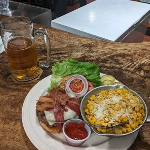 Stuffed burger and corn