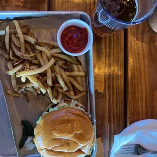 Spicy Poblano burger with fries &amp; a beer