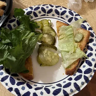 This is the sandwich. A bacon sandwich with no bacon. I asked for mustard, lettuce, and pickles, but I still wanted the bacon!!!