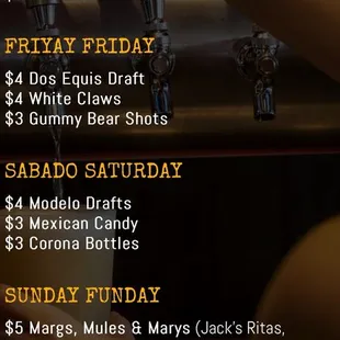 Menu with the beer special. $3 Corona bottles on Saturdays.