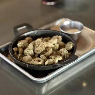 Boomer Chips (fried jalapeño slices)-$7. Not hot at all!