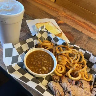 Brisket, beans, curly fries dinner