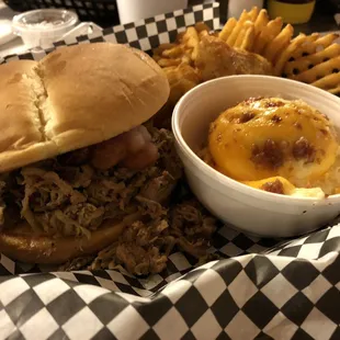 Porkanator with Twice Baked Potato and added Waffle fries