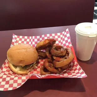 Large burger , rings and a coke.