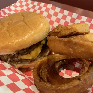 Large Double with cheese and Onion Rings Great service, clean restaurant and good grub! Can't beat that for a little place in Horn Lake!