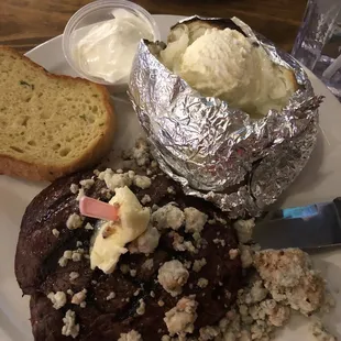 Steak lunch special with blue cheese crumbles