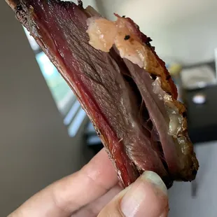 a hand holding a piece of meat