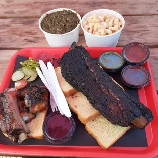 Top: greens and mac 'n cheese.  Tray: beef rib, pork rib, rib tips