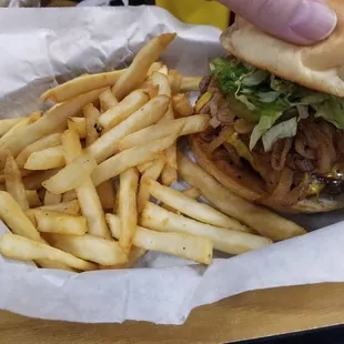 Grilled onion burger and fries