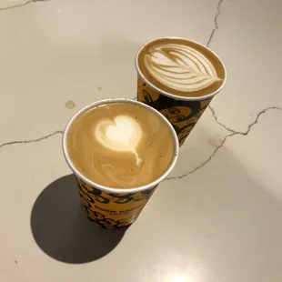 Two non fat lattes. Look at the lovely foam art!