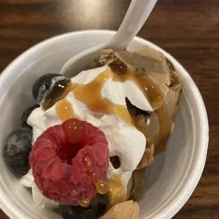  bowl of ice cream, raspberries, and caramel sauce