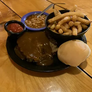Meatloaf with roll, fries and baked beans (good baked beans!!!)