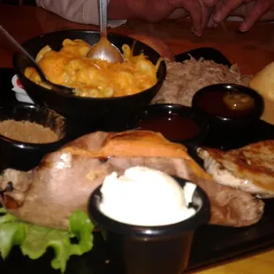Boondock Platter (we shared) Mac n cheese,  baked sweet potato, with Pulled Pork and Grilled Chicken Breast. We had our sauces on the side
