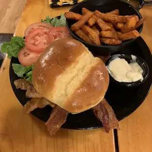 BLT with sweet potato fries and a side of Carmel sauce! Yes, it&apos;s good!