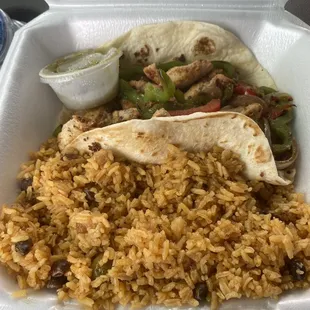 Fajita Taco and Puerto Rican Rice.