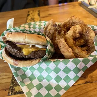 Homemade hamburger with great homemade onion rings