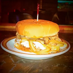 Mushrooms and swiss, grilled chicken! Also available Mushroom &amp; Swiss burger!!!! Awesome!!!!!