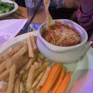 Spaghetti kids meal with fries. Well presented, good portions! Right on the mark.