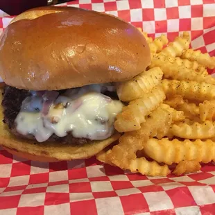 Mushrooms and Swiss Cheese Burger and Krinkly seasoned fries.