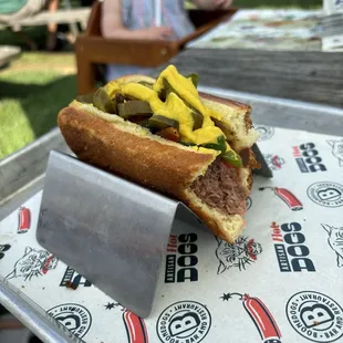 Beyond Sausage with pickled jalapeño, grilled peppers, &amp; mustard