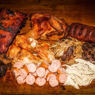 Babyback Ribs, Maple Sausage, Brisket, Pulled Chicken, Hot-Link, Pulled Pork