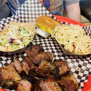 Burnt Ends Dinner with Cole Slaw and Pasta Salad - all dinners come with a Jalapeño corn bread too!