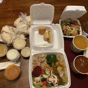 Chicken shawarma, lamb chili, lentil soup, fattoush salad