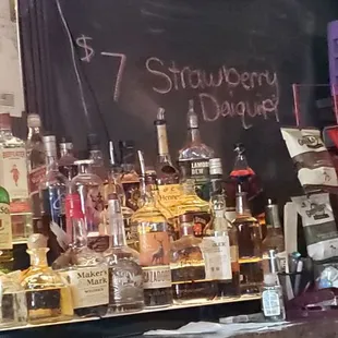liquor bottles on a bar counter
