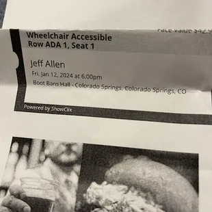 Ticket that indicates the start time