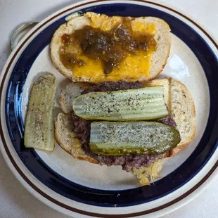 Wagyu Burger patty from Booth Creek, Wagyu, Sandwich Slice pickles, Penzy's Sandwich sprinkle, Beefcake bread, Kraft Cheddar slices