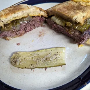 Booth creek wagyu burger patty, bread, Claussen sandwich slices, Los Poblanos Hatch Chili jam