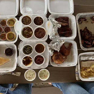 Ribs, chicken, pulled pork, sides, dessert, wings.